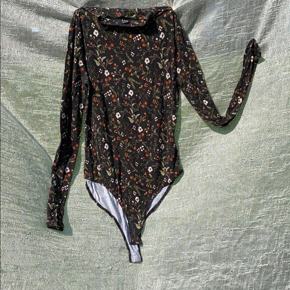 Black and Floral-Printed Turtleneck Bodysuit